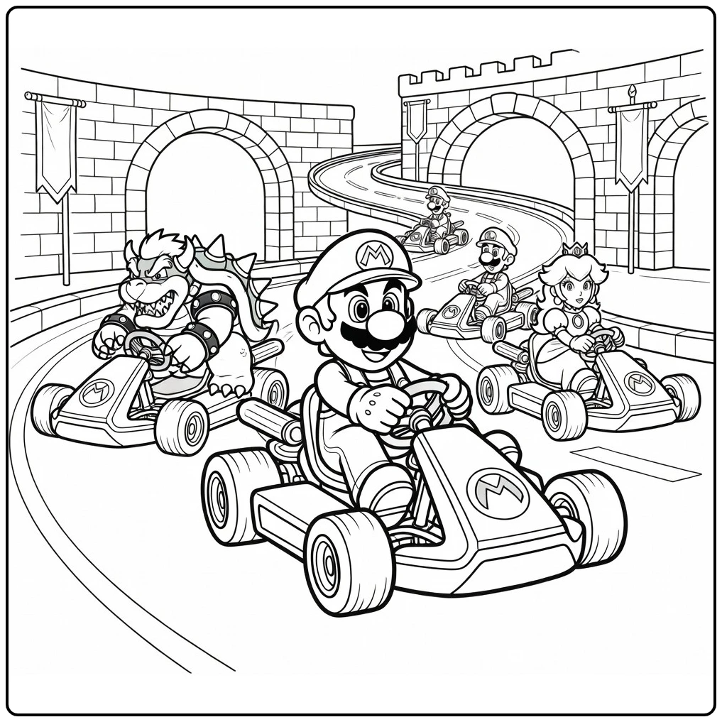 Mario Kart with Mario on a Castle Course coloring page