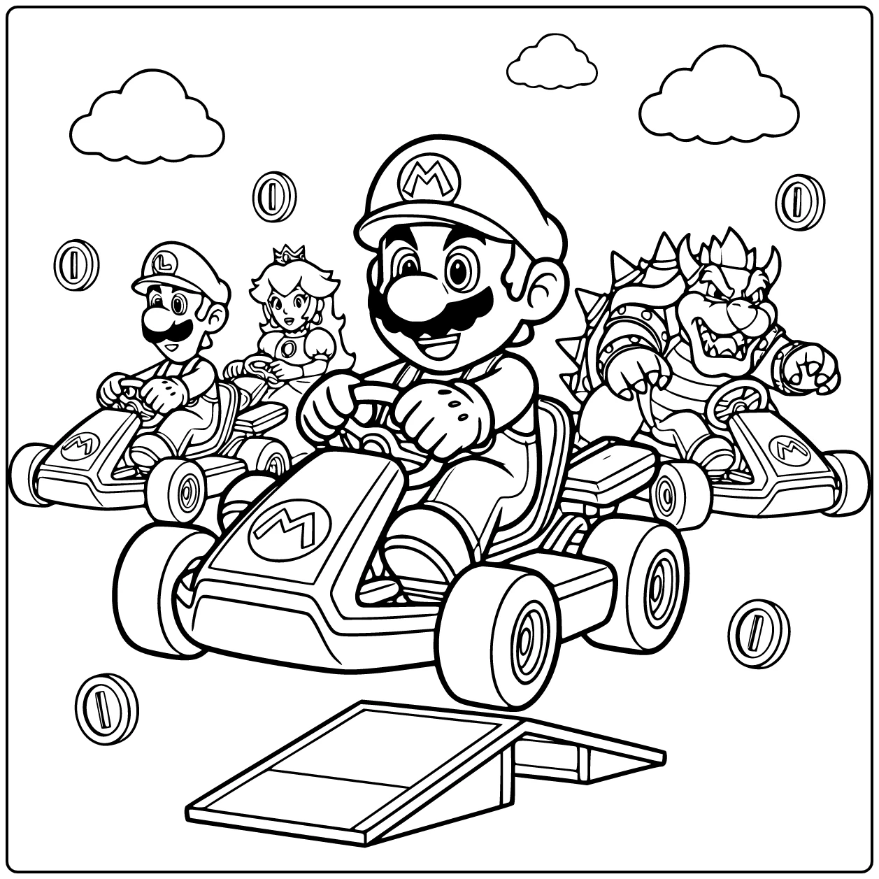 Mario Kart with Mario at the Steering Wheel coloring page