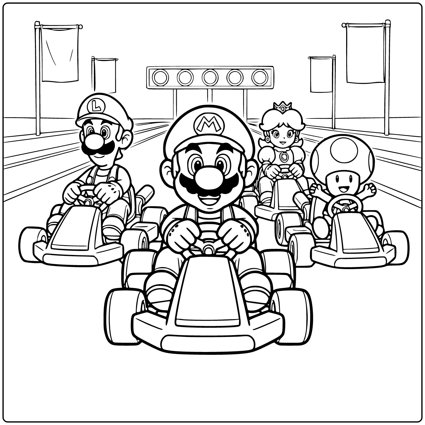 Mario Kart with Mario on the Starting Grid coloring page