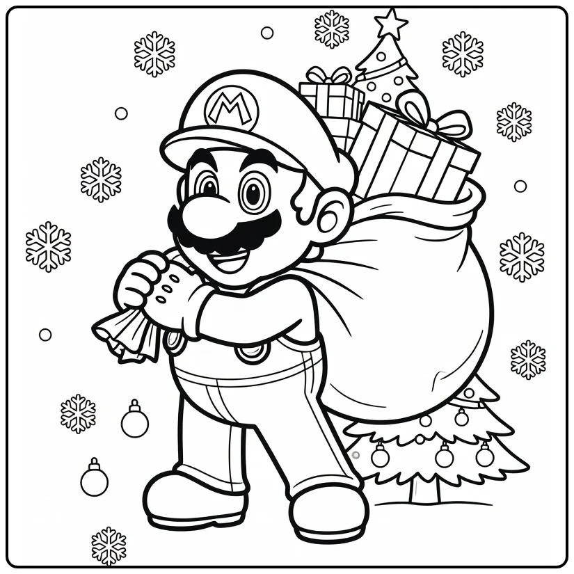 Mario Christmas in Cozy Mushroom Kingdom Scene coloring page