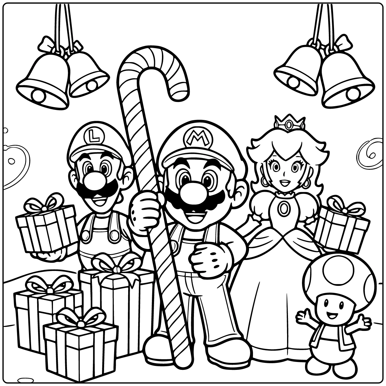 Mario Christmas Holding a Giant Candy Cane coloring page
