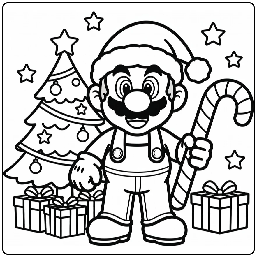 Mario Christmas with Tree and Gifts coloring page