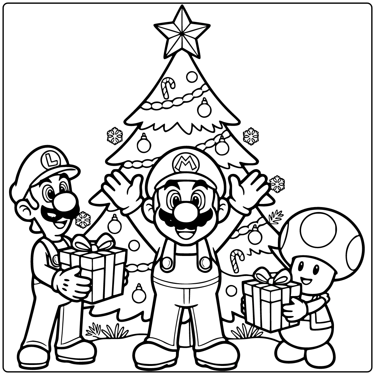 Mario Christmas Placing a Star on the Tree coloring page