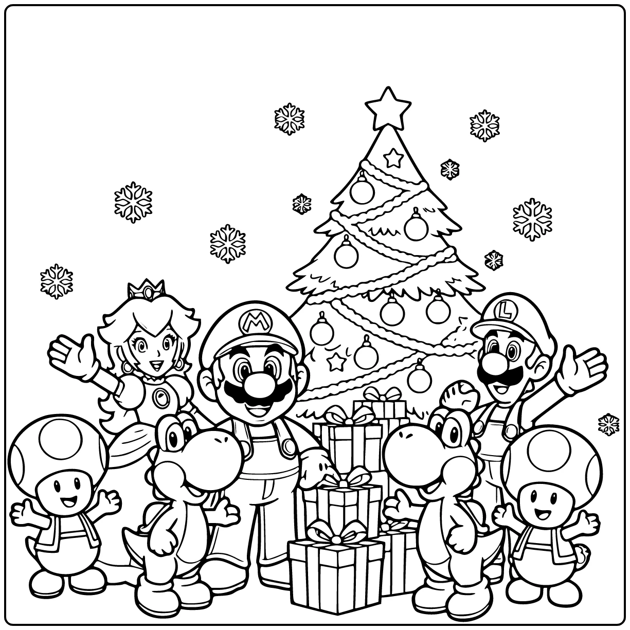 Mario Christmas coloring page with gifts and a decorated Christmas tree