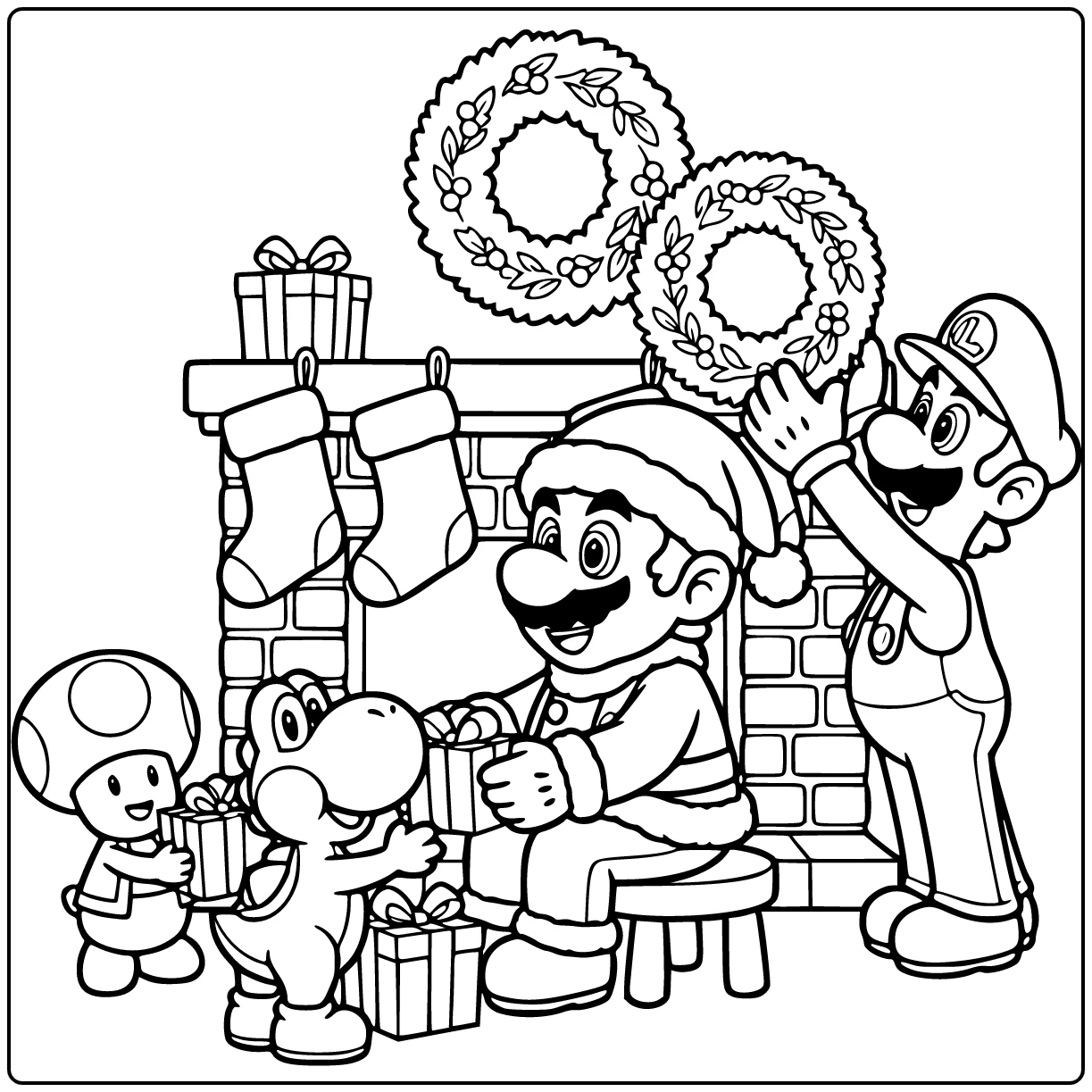 Mario Christmas by the Fireplace coloring page