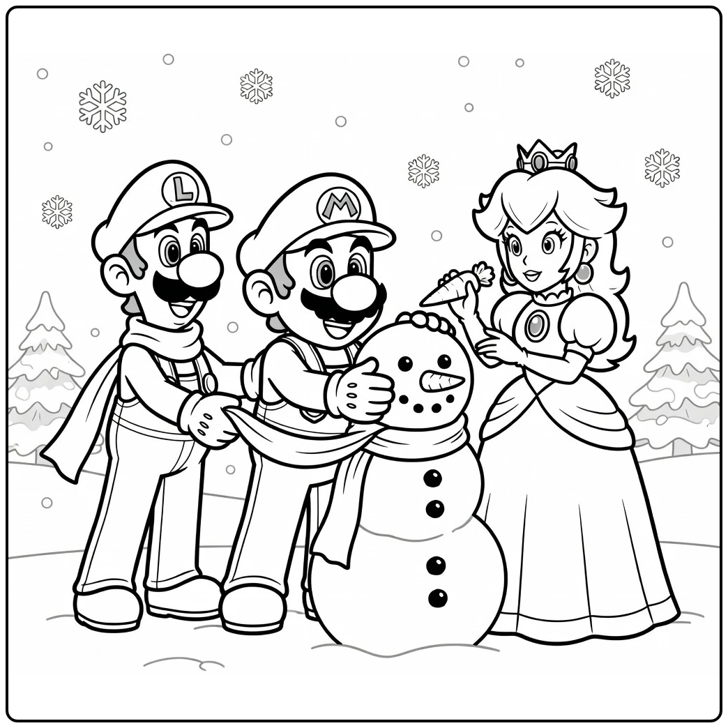 Mario Christmas with Luigi and a Snowman coloring page