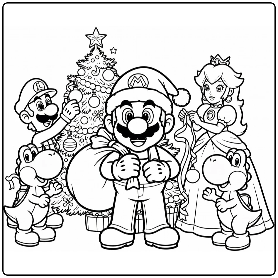 Mario Christmas with a Gift in the Center coloring page