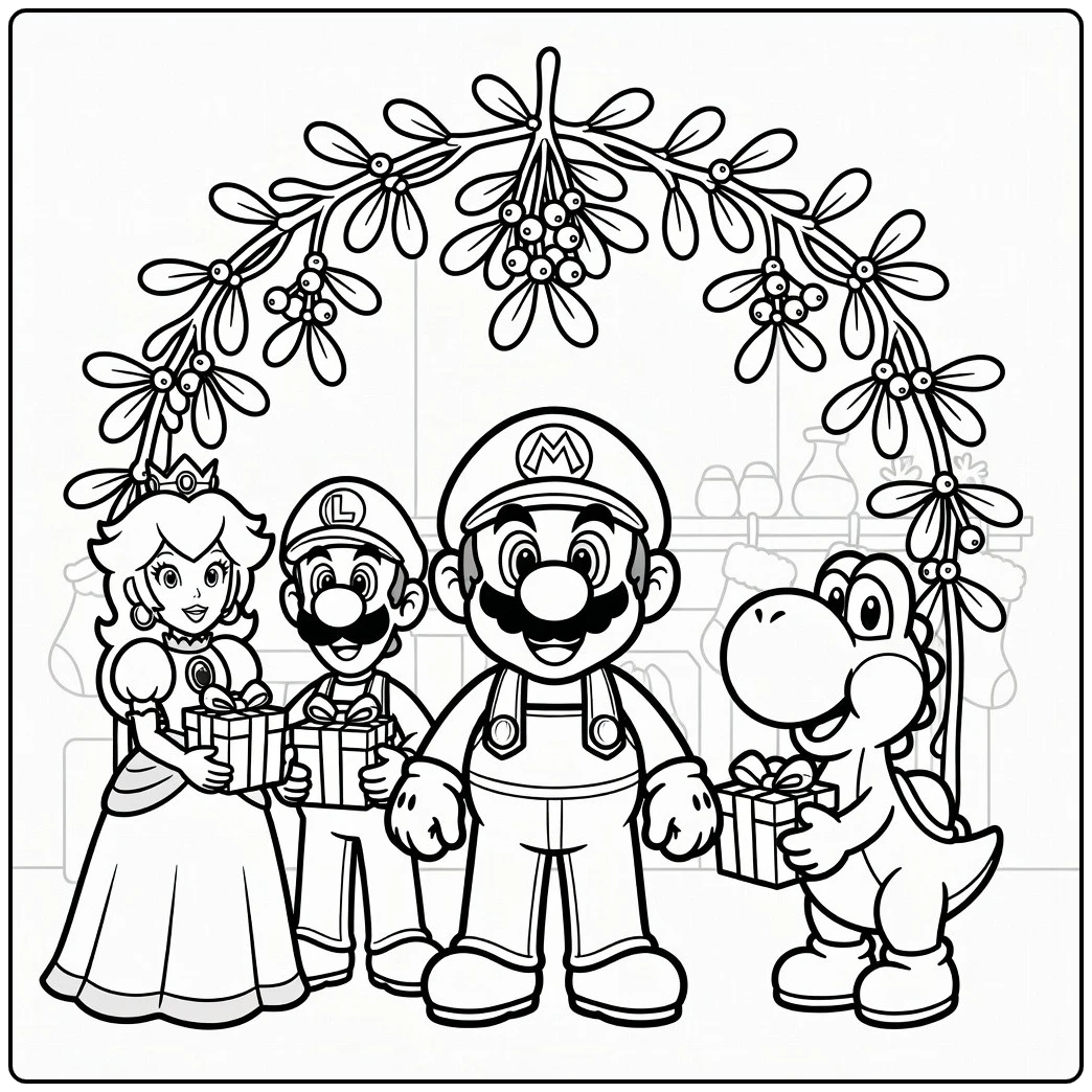 Mario Christmas Under the Mistletoe coloring page