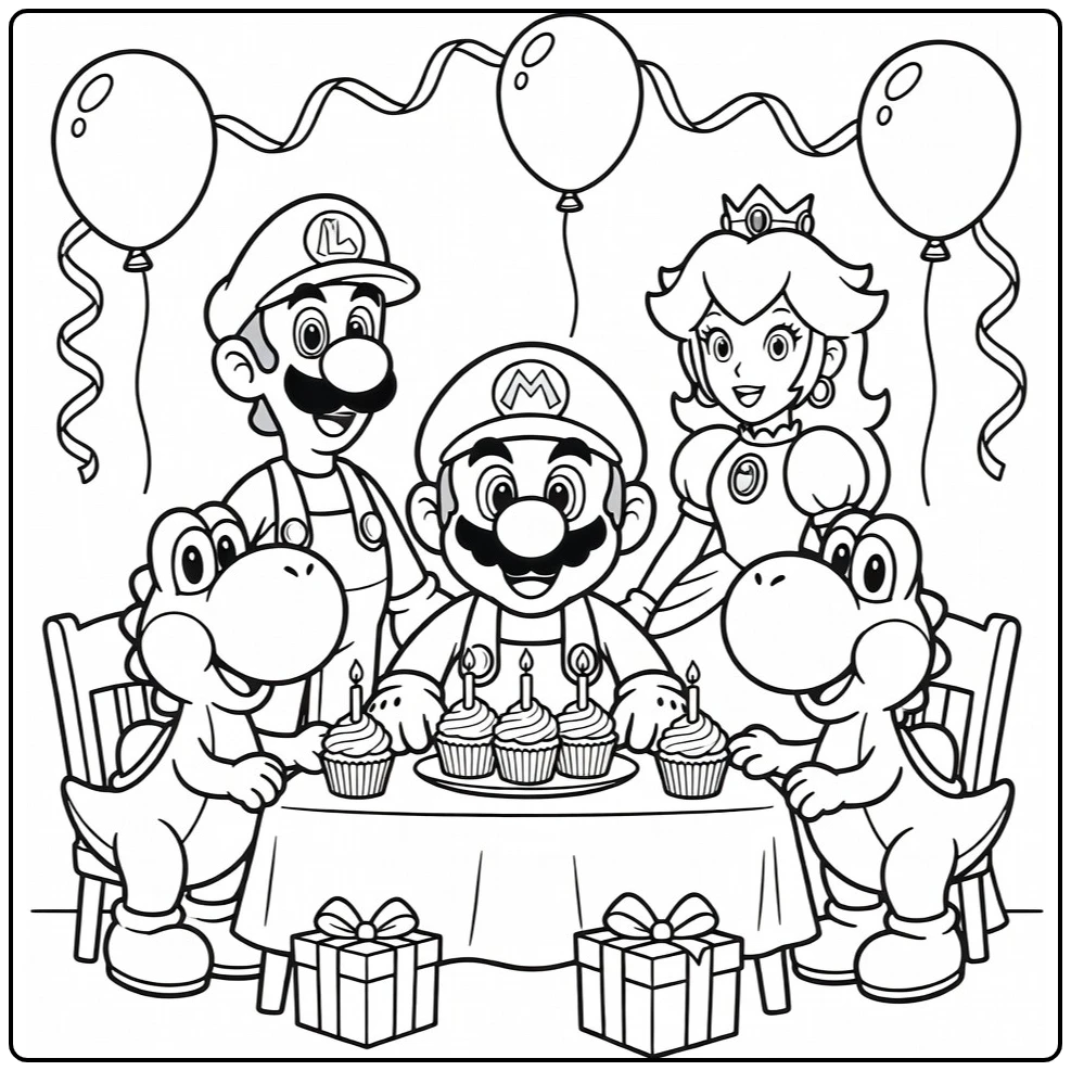 Mario at Birthday Table with Cupcakes coloring page