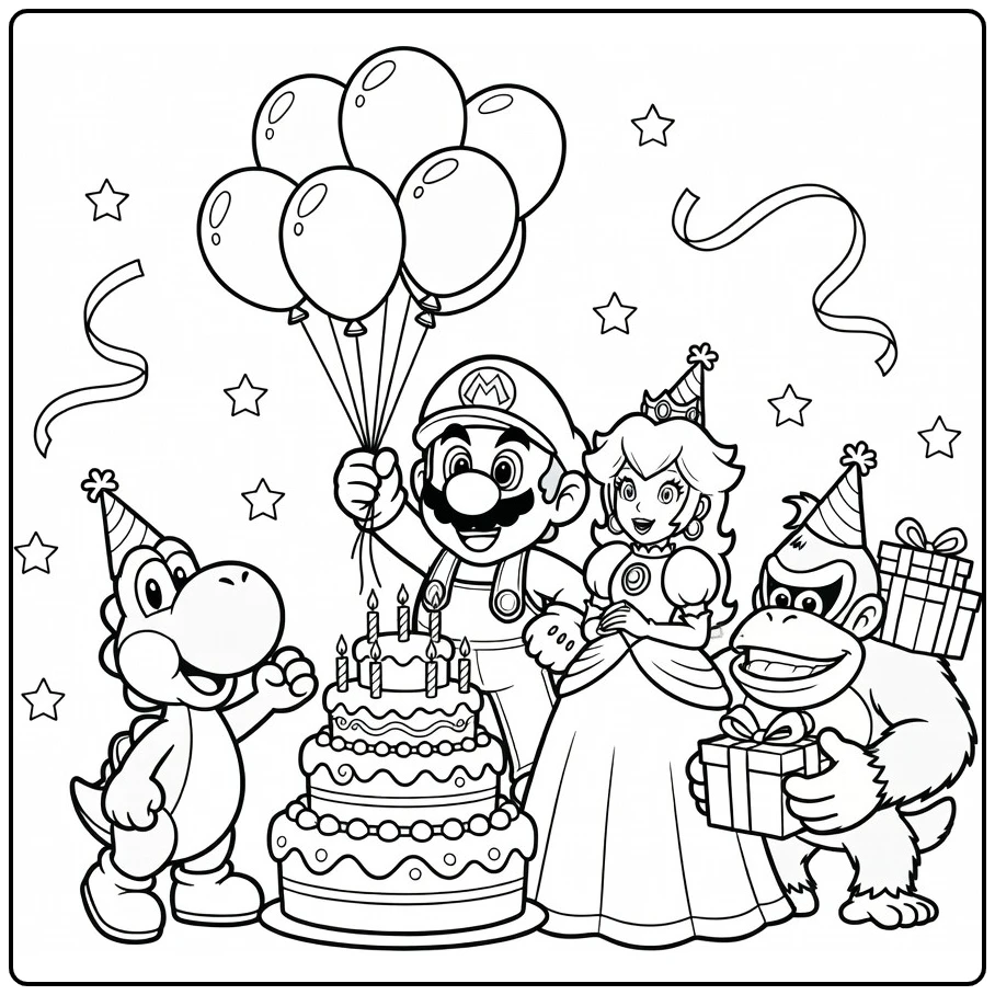 Mario Birthday Holding a Bunch of Balloons coloring page