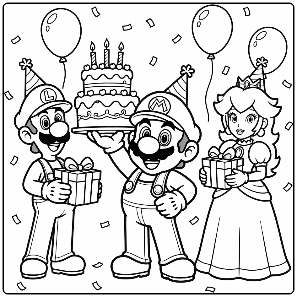 Mario Holding Big Birthday Cake coloring page