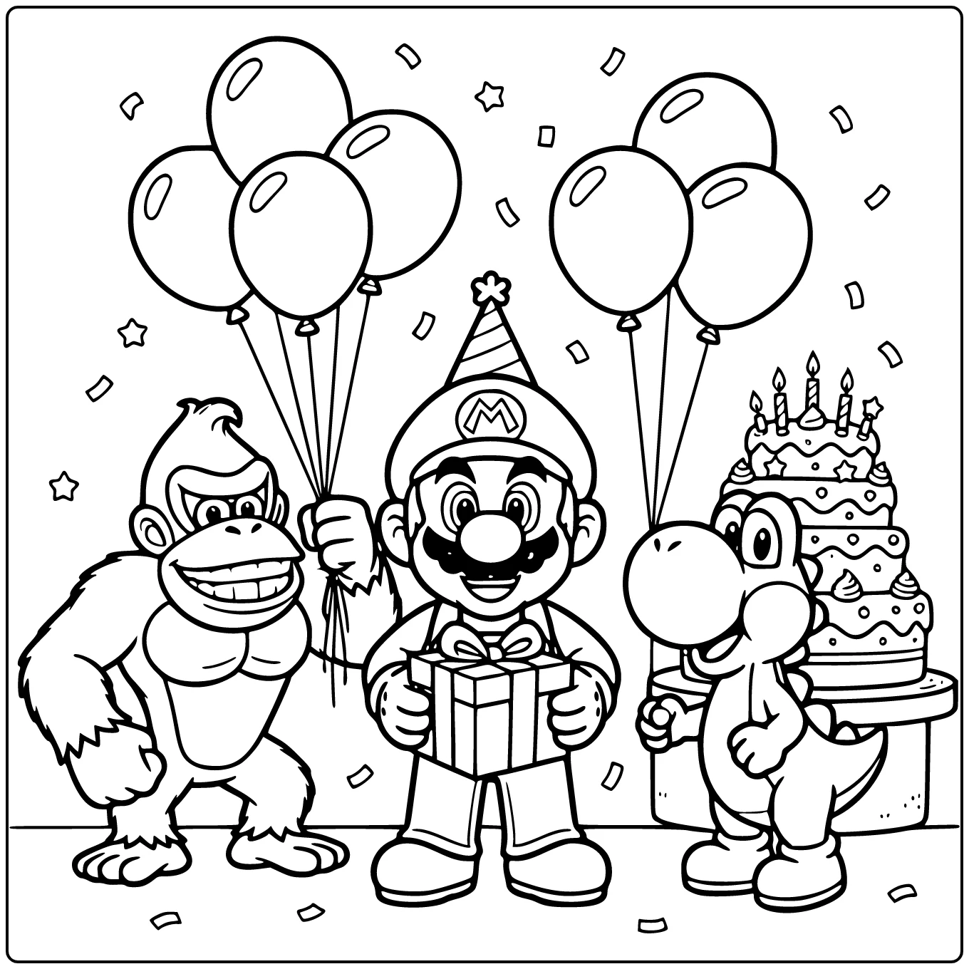 Birthday Mario with Party Hat and Suit coloring page