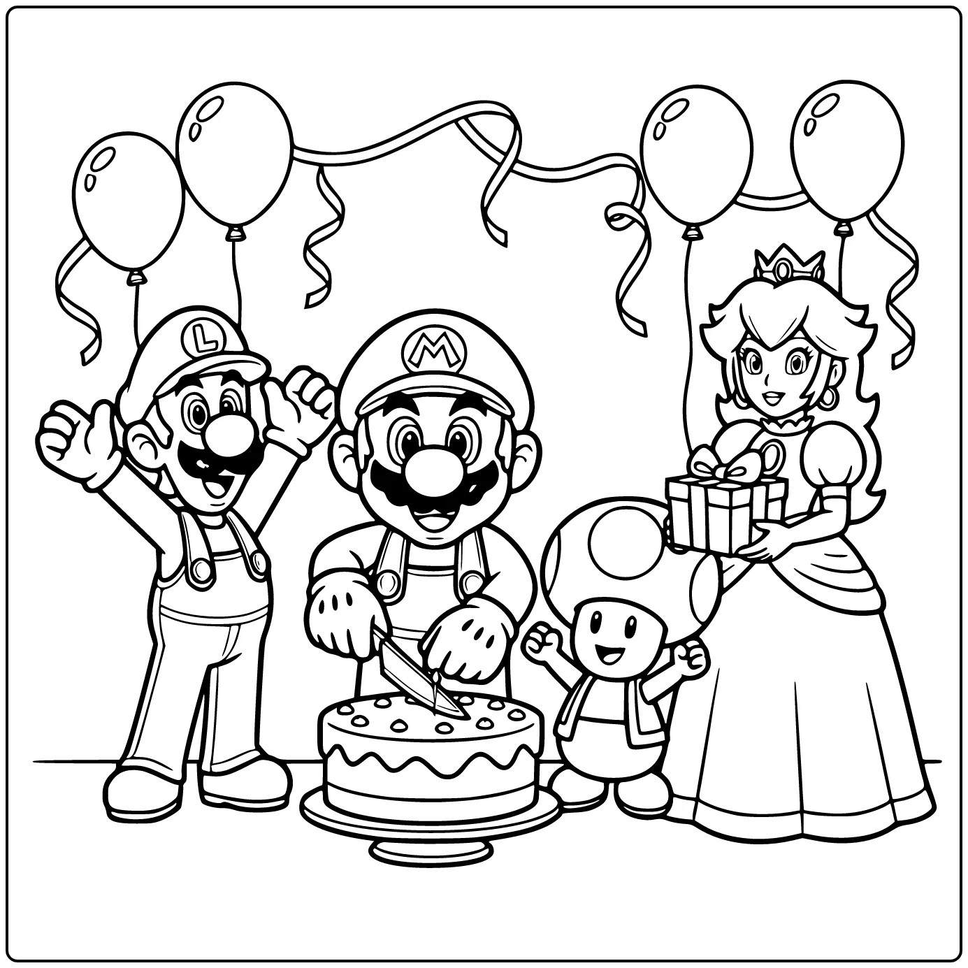 Mario Birthday Cutting the Cake coloring page