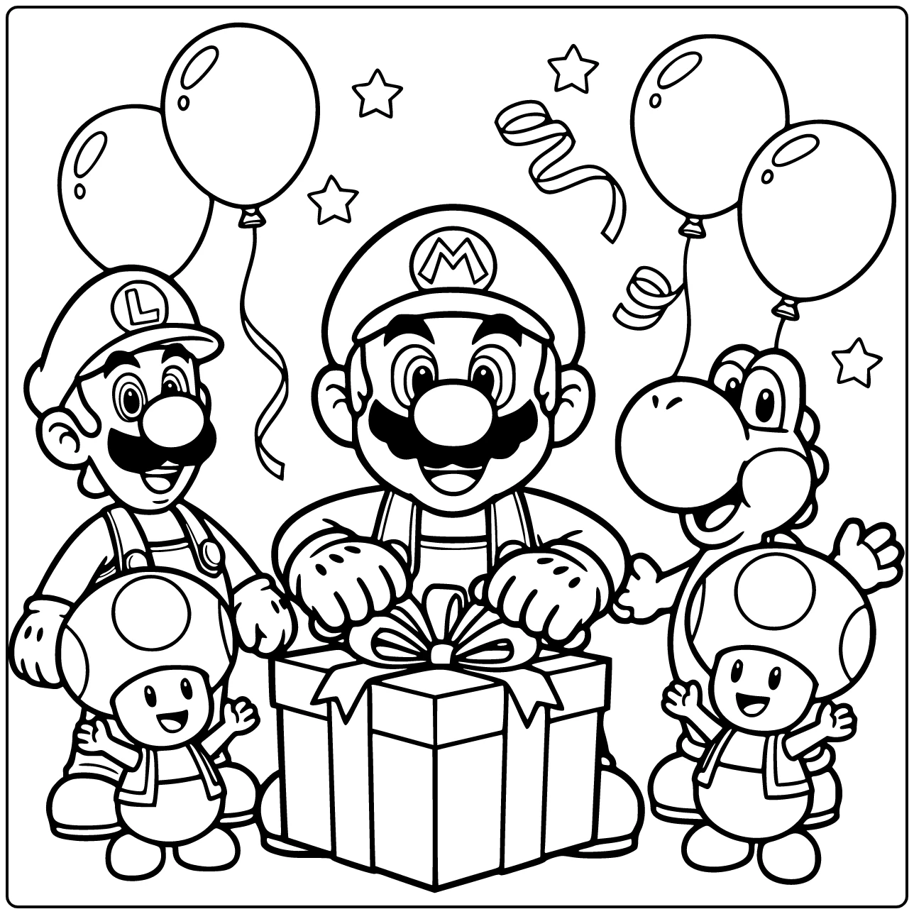 Birthday with Happy Mario and Opening a Gift Beside Luigi coloring page
