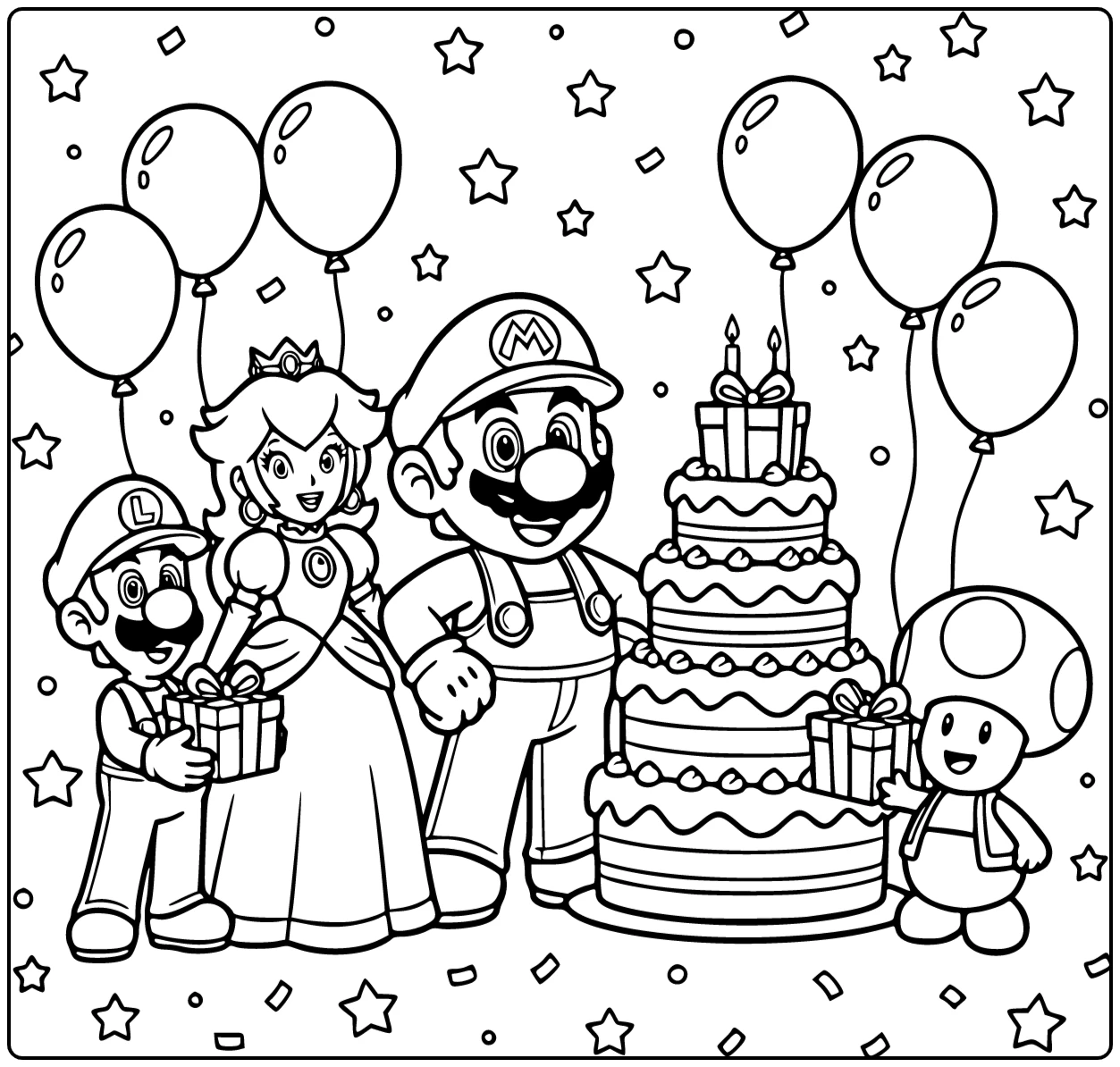 Mario Birthday with Mario and a Cake coloring page