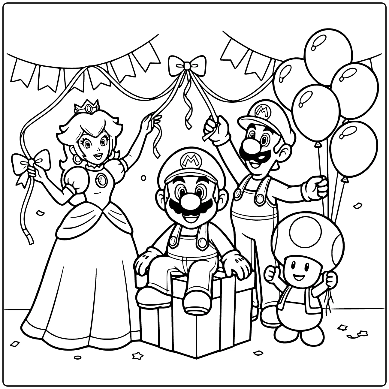 Mario Birthday Sitting on a Gift coloring page