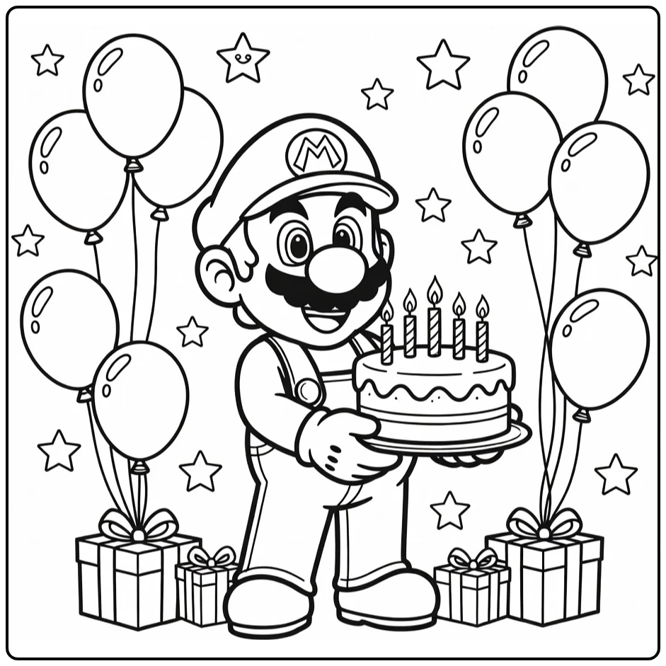 Mario Birthday with Stars and Gifts coloring page