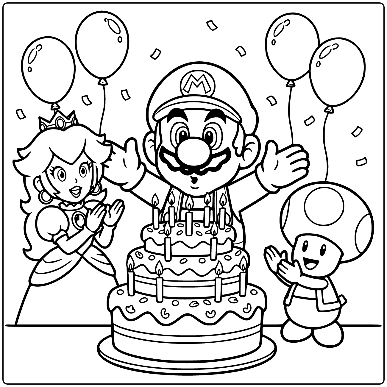 Mario Birthday with Cake and Candles coloring page