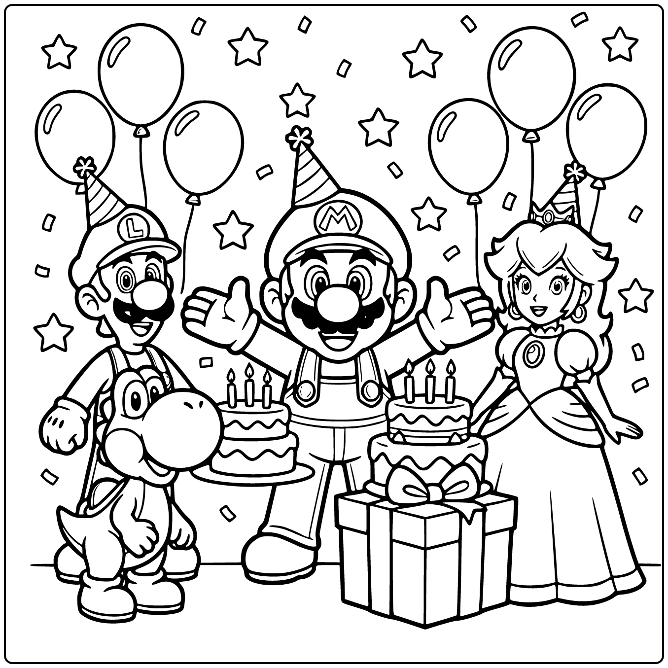 Mario birthday coloring page with a happy Mario and cake