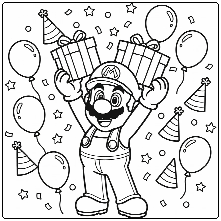 Mario Birthday Cheerful with Gift and Confetti coloring page