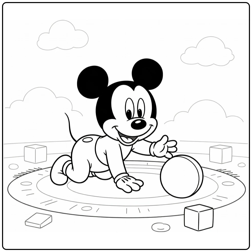 Mickey Mouse Baby Crawling Toward Round Ball on Blanket coloring page