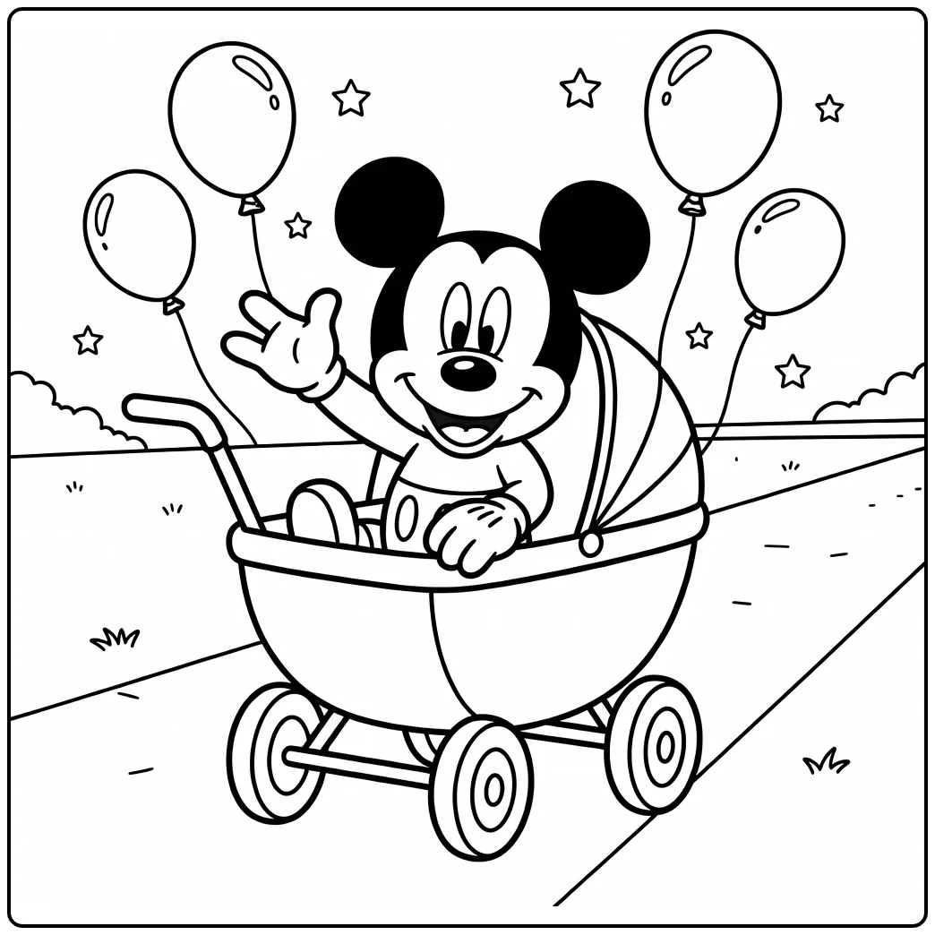 Mickey Mouse Baby with Balloons and Little Stars coloring page