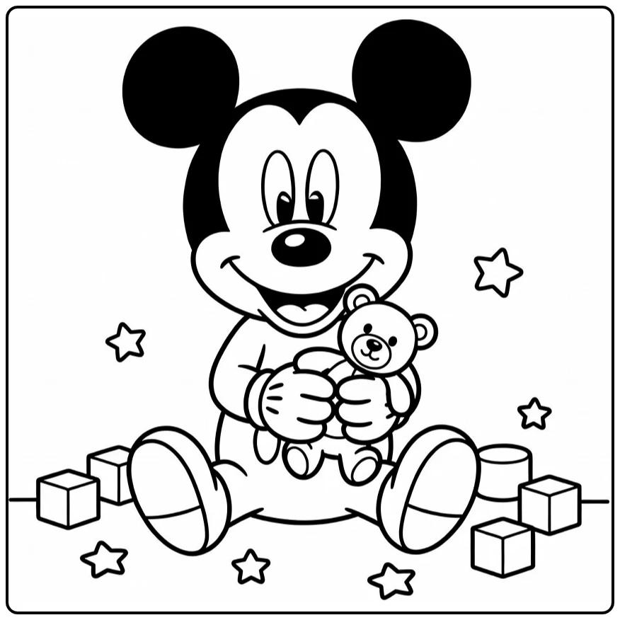 Mickey Mouse Baby Sitting Cheerful with Teddy Bear coloring page