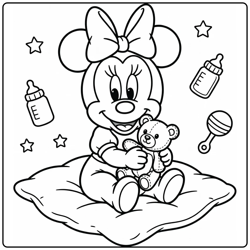 Minnie Mouse Baby Smiling with Rattle coloring page