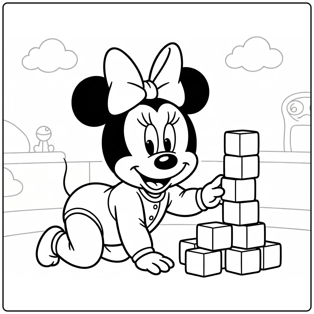Minnie Mouse Baby with Big Bow and Toy Blocks coloring page