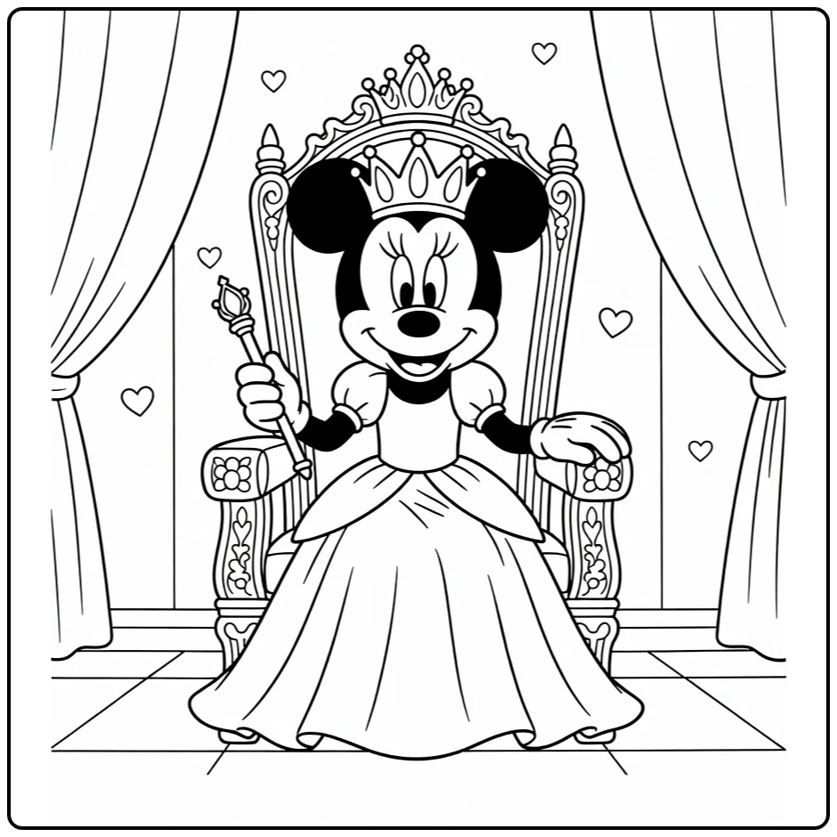 Minnie Mouse Princess with Crown and Scepter Throne coloring page