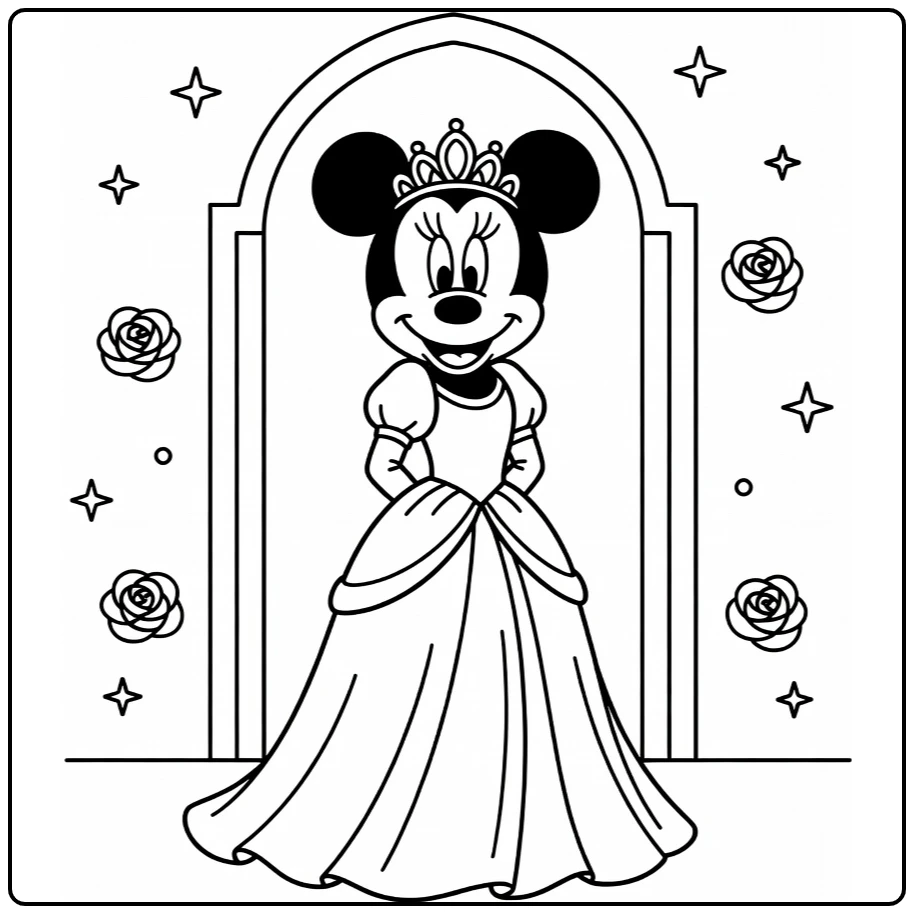 Minnie Mouse Princess for Castle with Roses and Stars coloring page