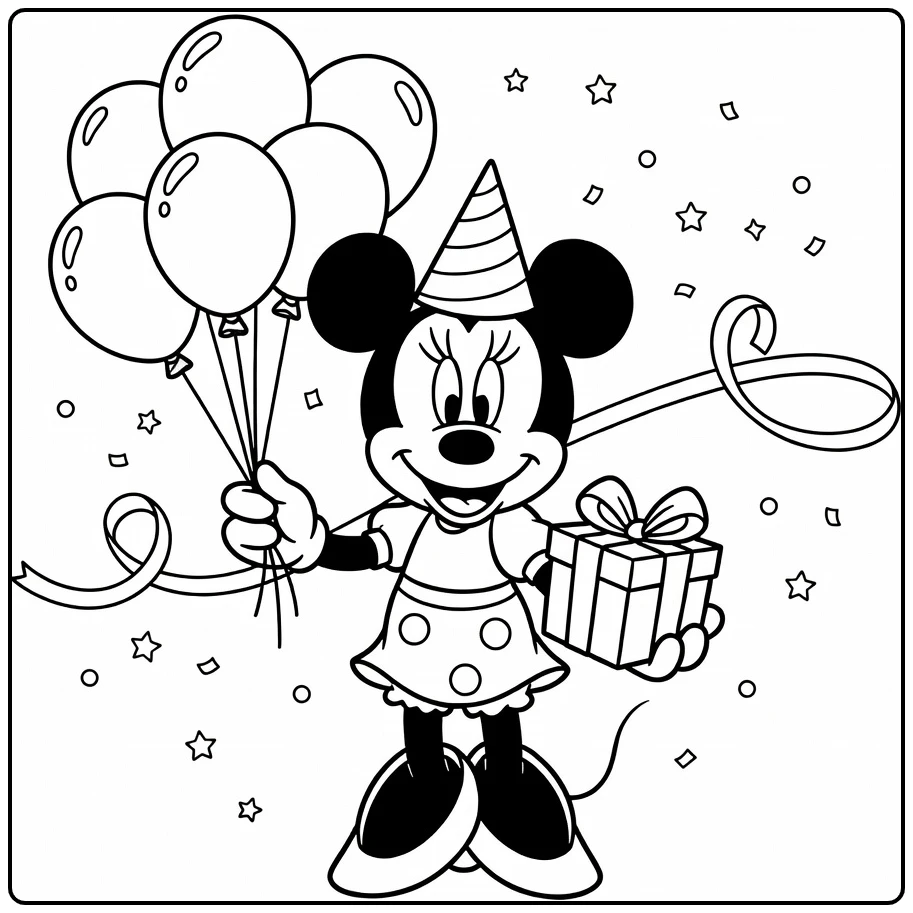 Minnie Mouse Birthday Balloons Gift Party Hat coloring page