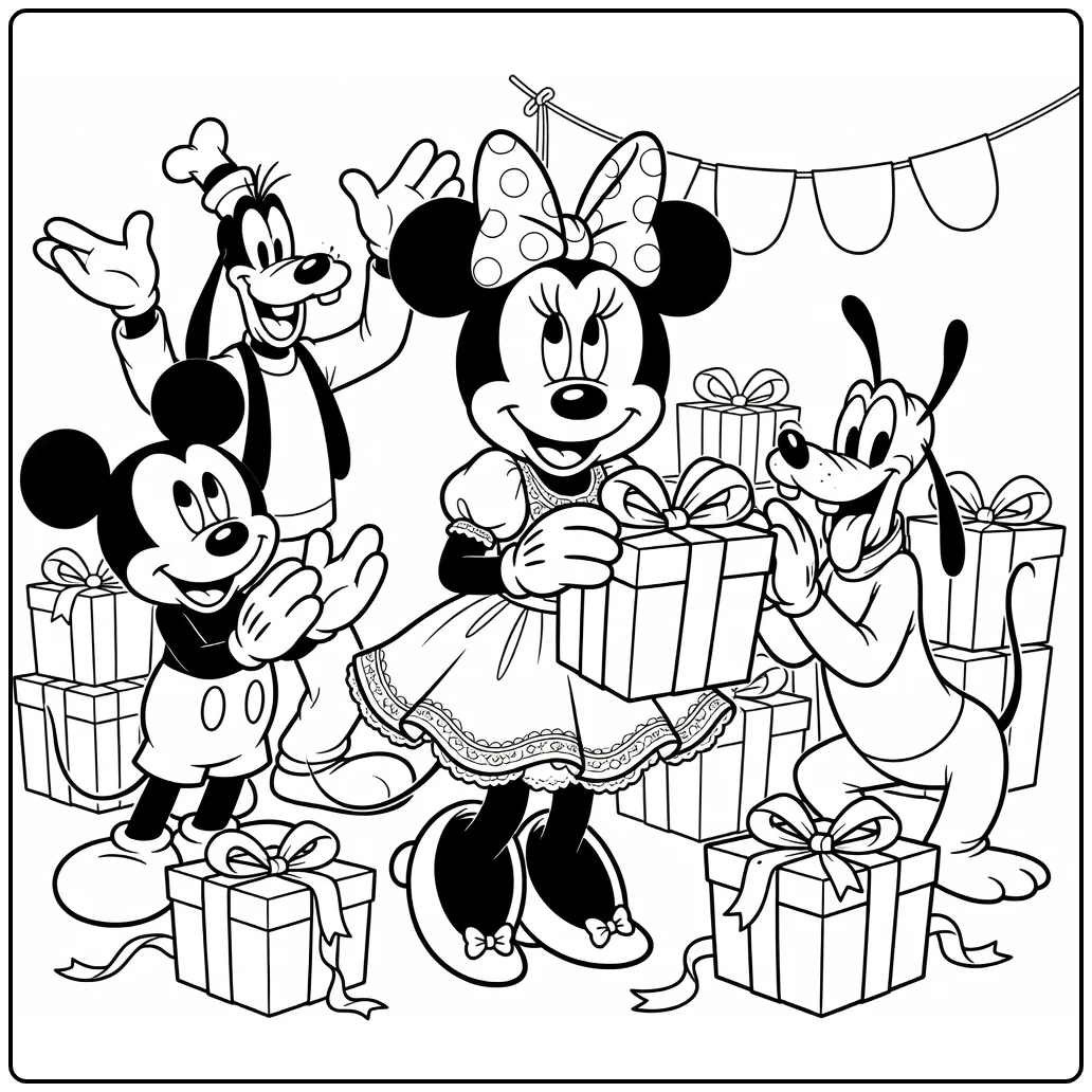 Minnie Mouse Birthday Gift Opening Party coloring page