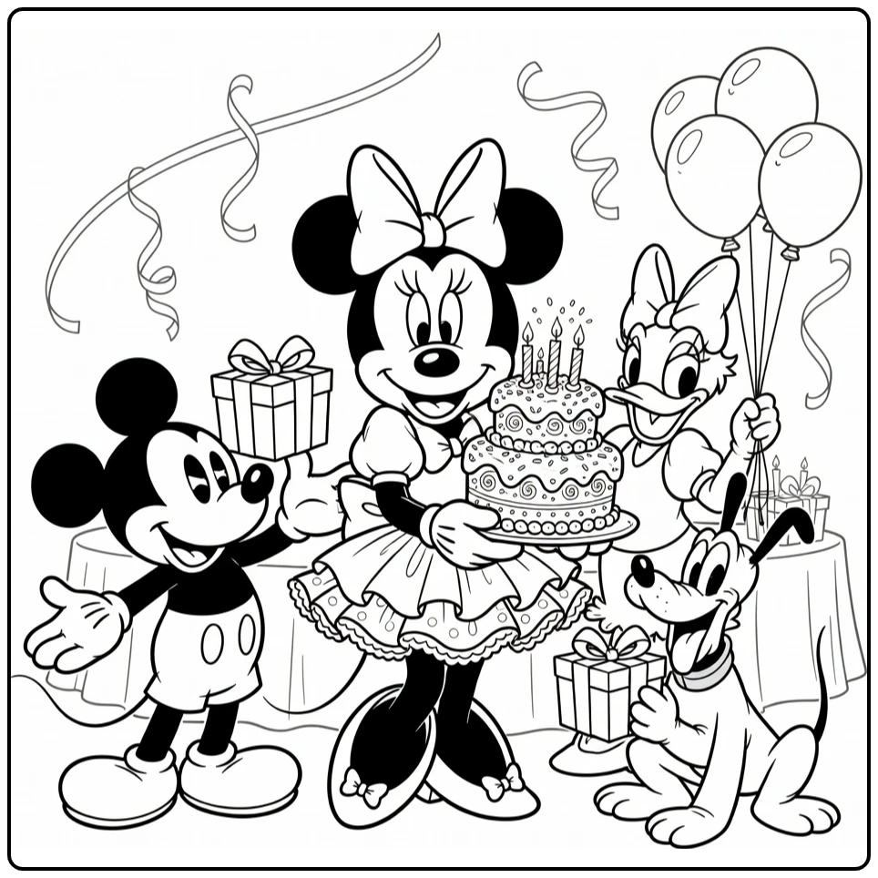 Minnie Mouse Birthday Party with Gifts and Balloons coloring page