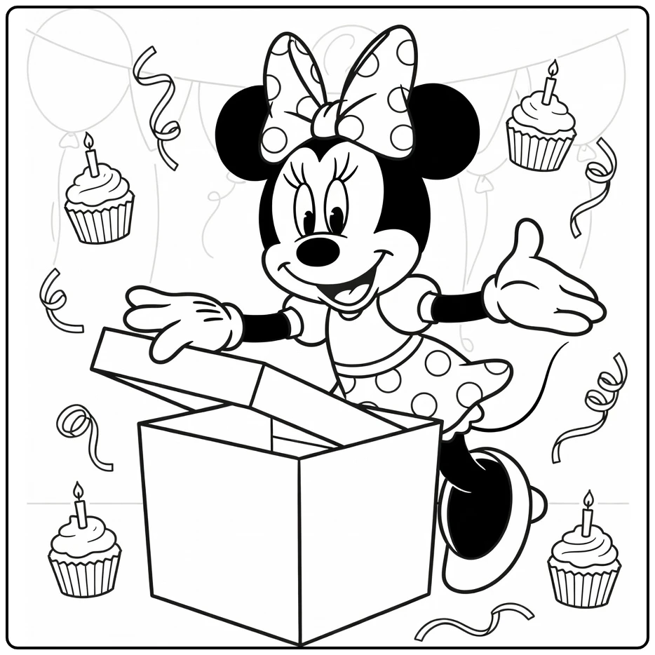 Minnie Mouse Birthday Party with Big Present coloring page