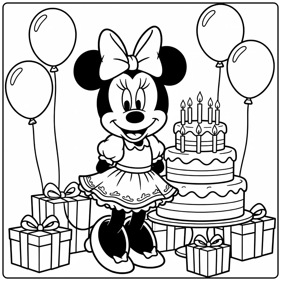 Minnie Mouse Birthday Party with Cake and Gifts coloring page