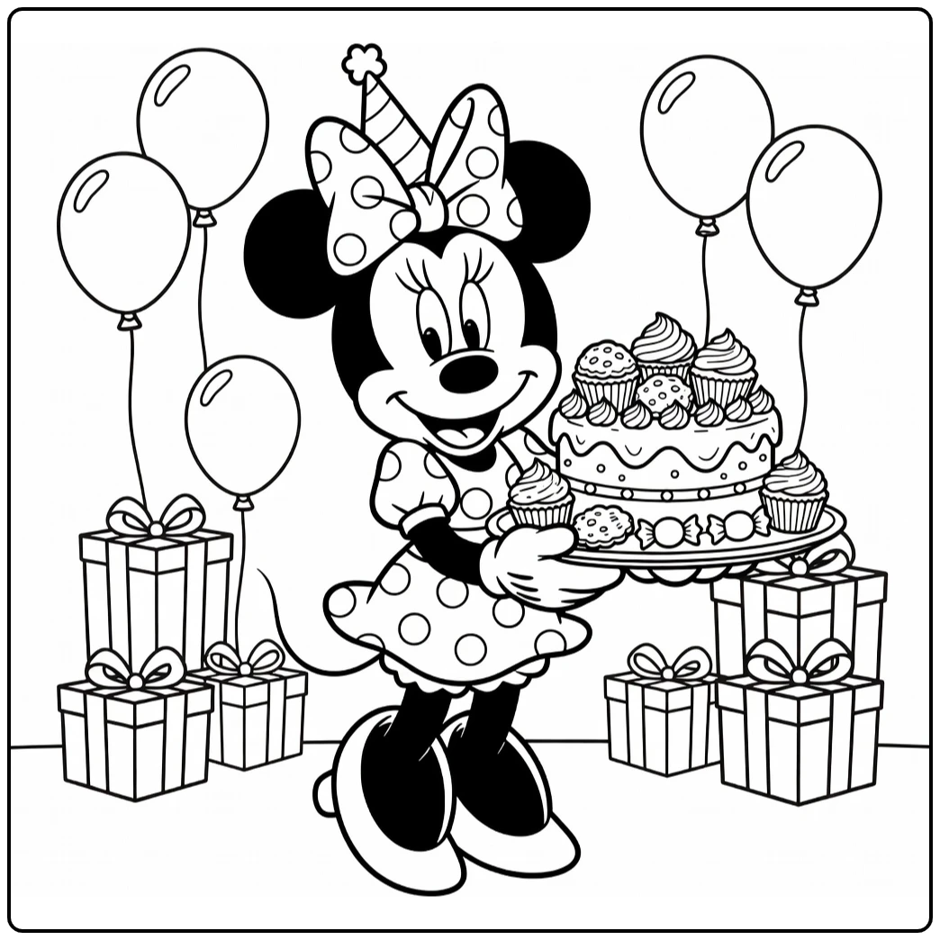 Minnie Mouse Birthday Smiling with Leaf and Party Hat coloring page