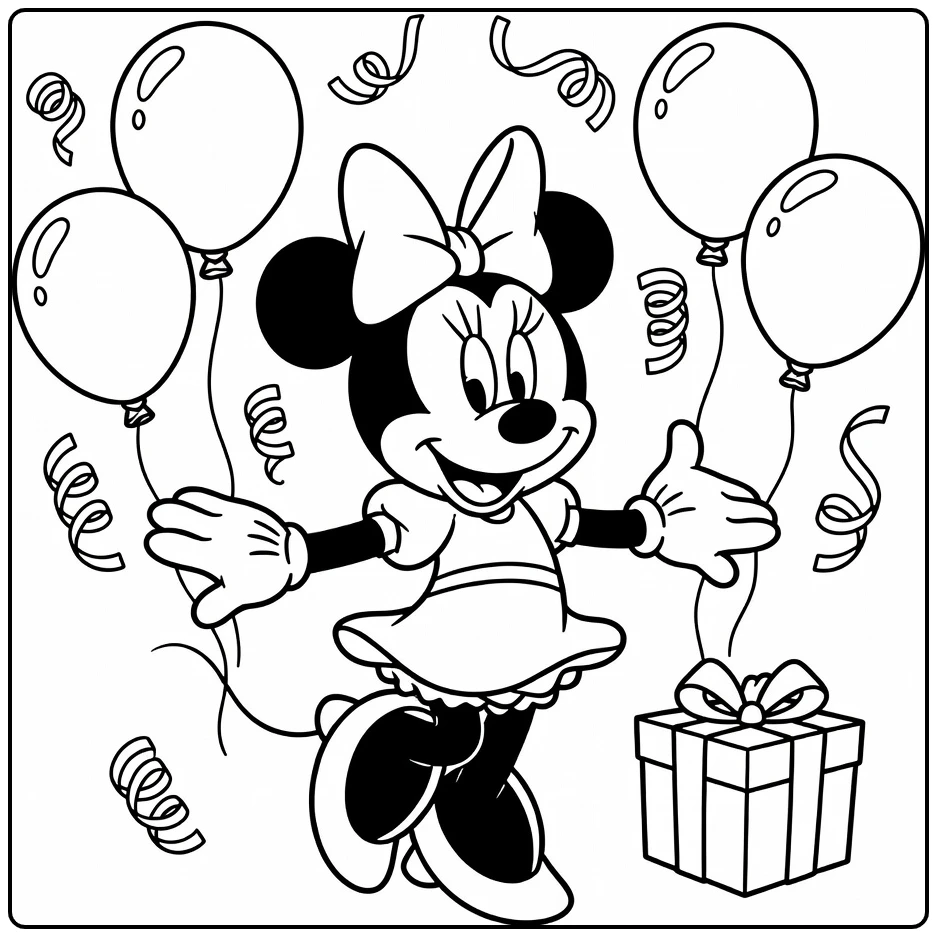 Minnie Mouse birthday coloring page dancing with balloons and a gift