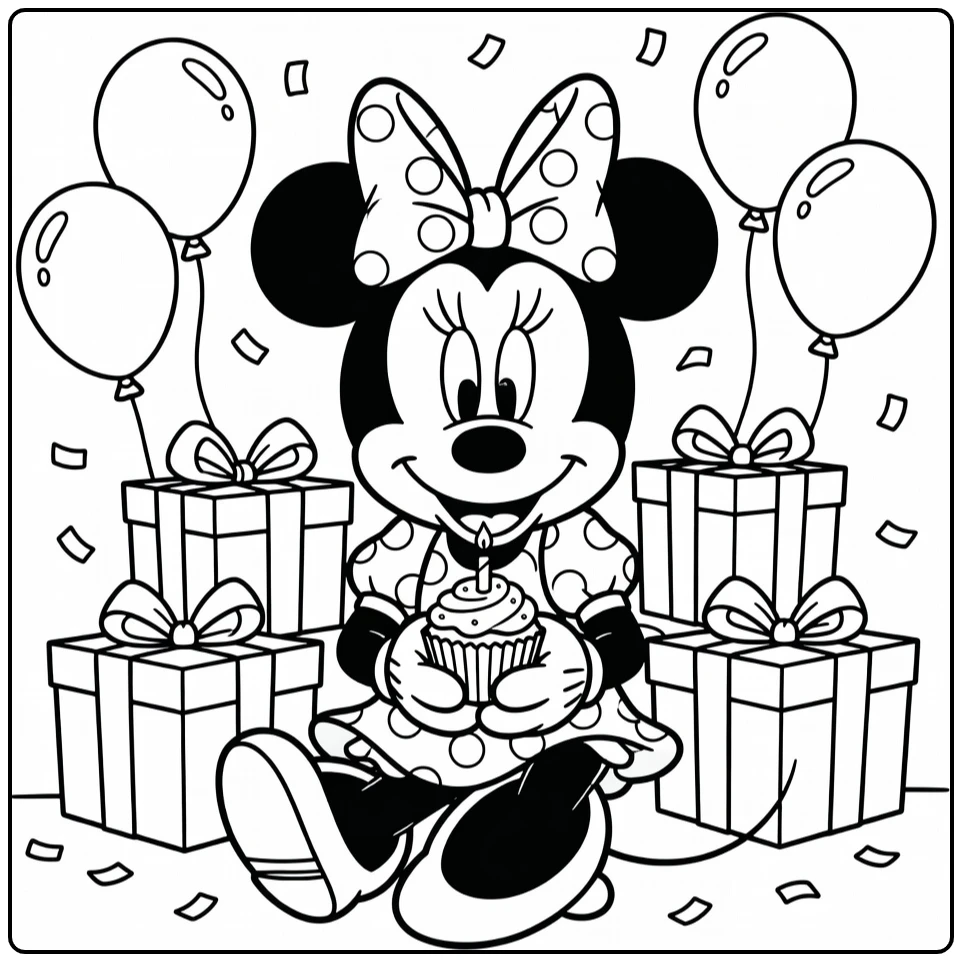 Minnie Mouse Birthday with Balloons and Confetti coloring page