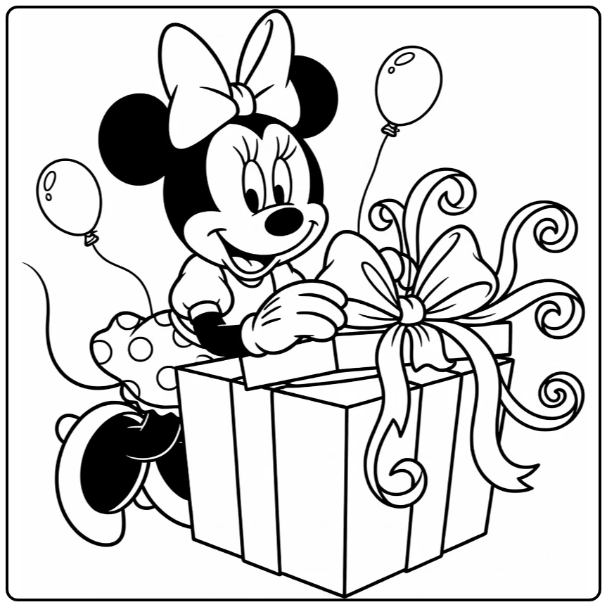 Happy Minnie Mouse Birthday and Balloons coloring page