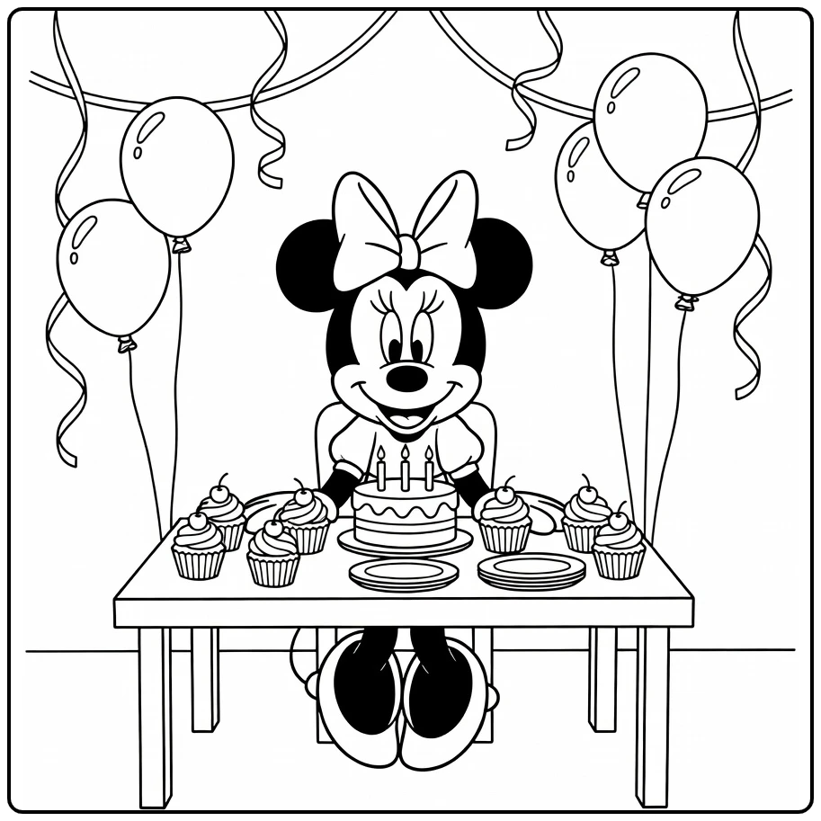 Minnie Mouse Birthday with Streamers Balloons coloring page