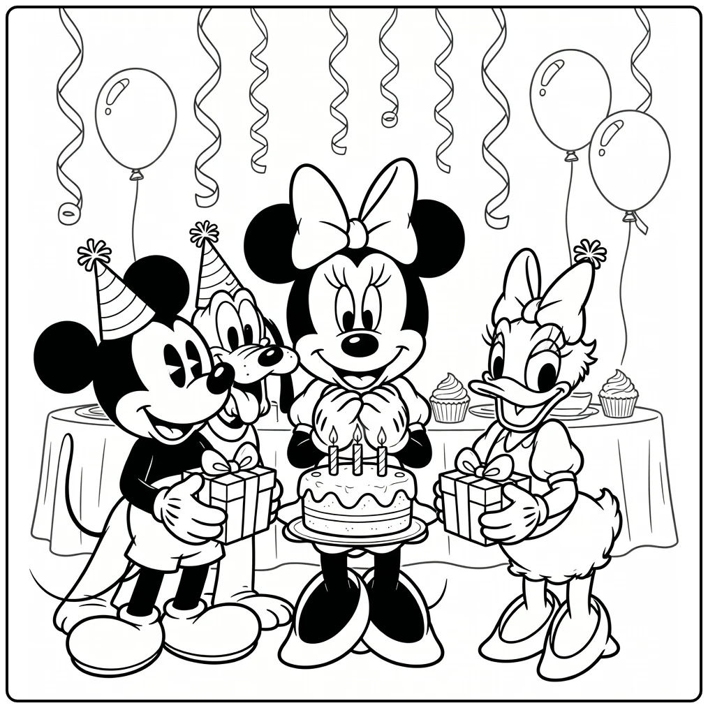 Minnie Mouse Birthday Cake Wish and Party Friends coloring page