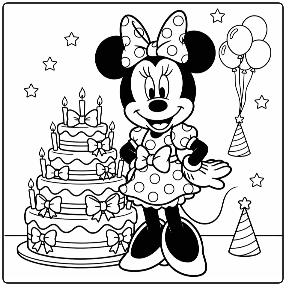 Minnie Mouse Birthday Proudly with Cake and Stars coloring page