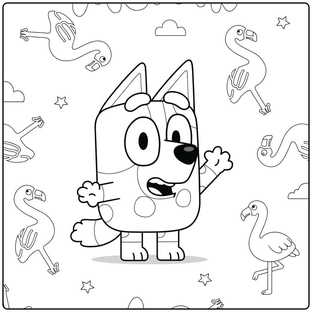 Muffin Bluey and Cute Flamingos coloring page