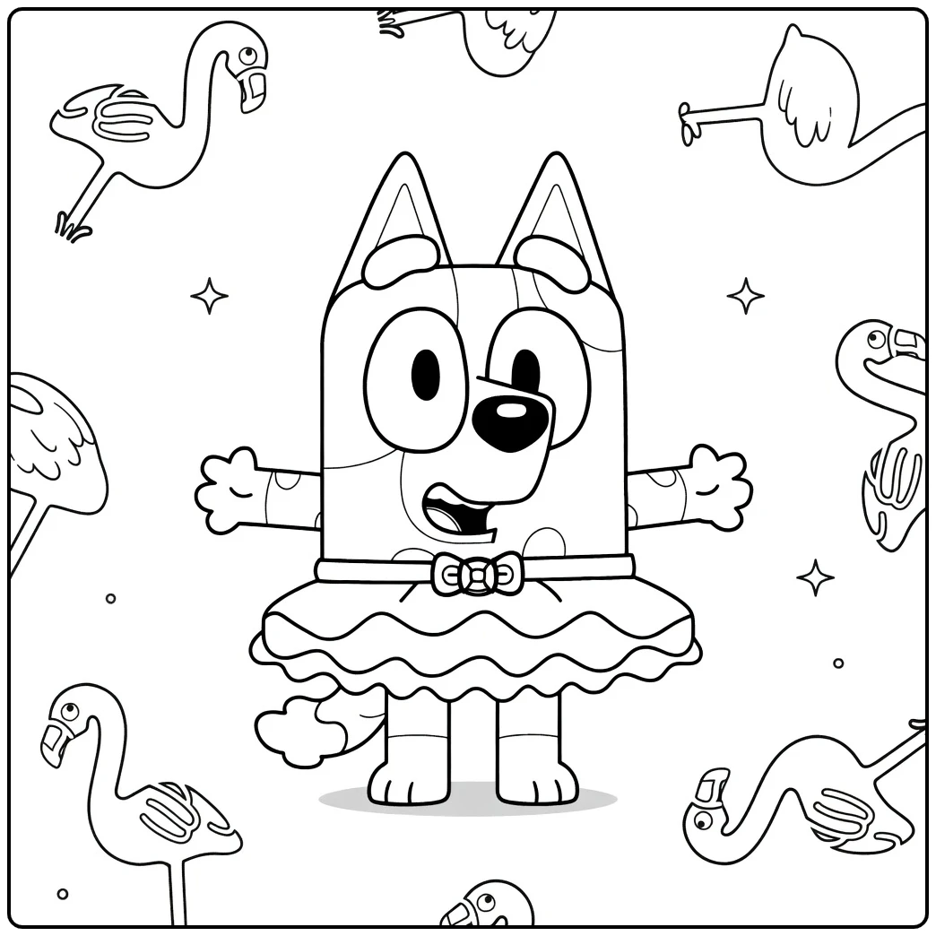Muffin Bluey in Tutu Surrounded by Flamingos coloring page