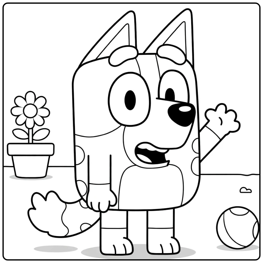Muffin Bluey coloring page waving near a flower and ball