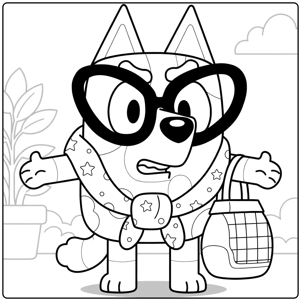 Muffin Bluey Surprised with Glasses and Bag coloring page