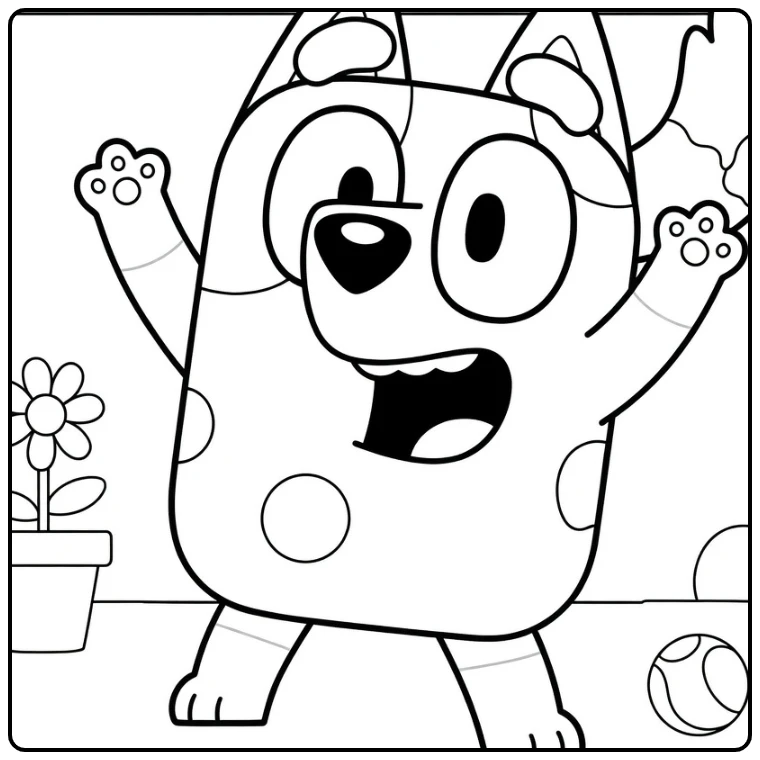 Muffin Bluey Cheerful Dancing with Toys coloring page