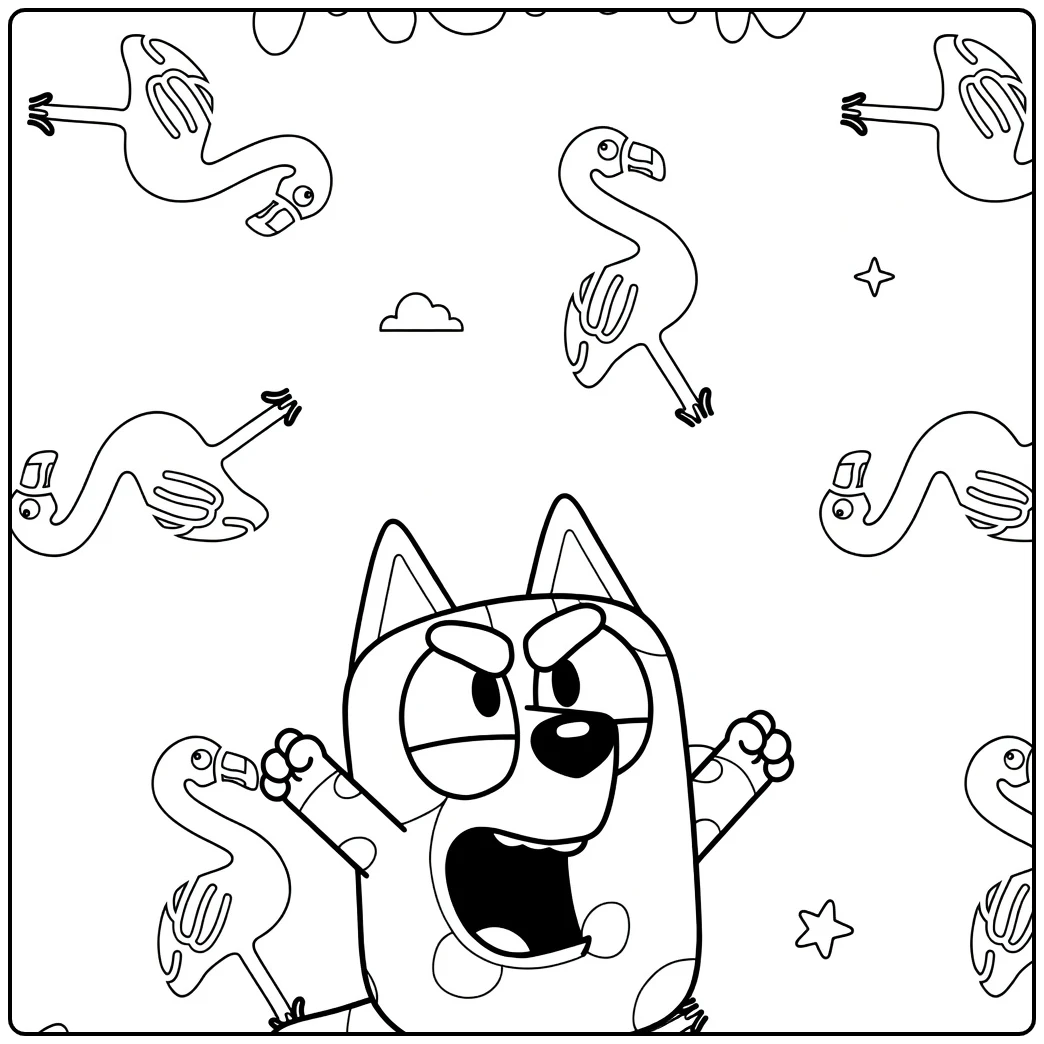 Bluey Fierce Muffin and Flamingos coloring page