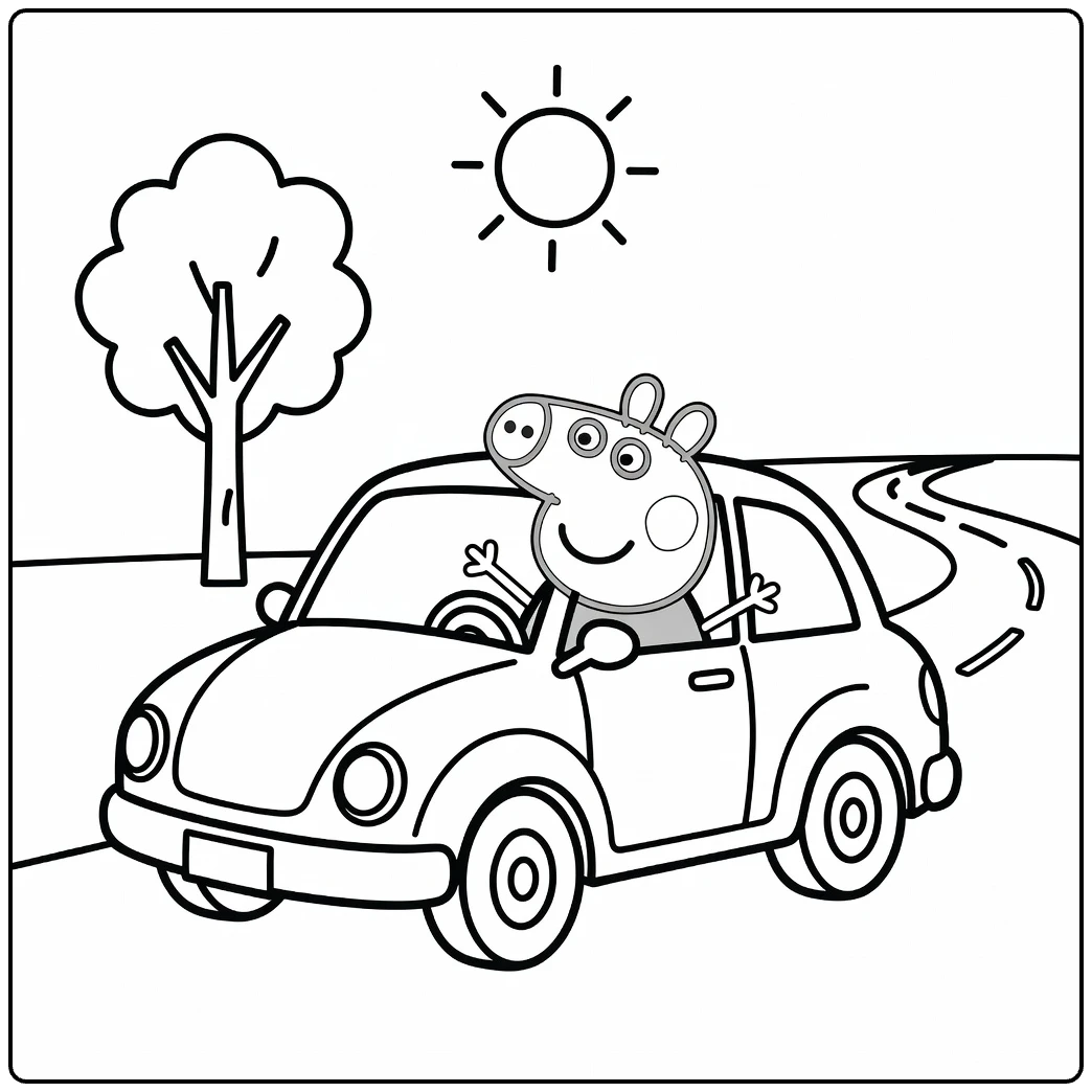 Peppa Pig Car with Cheerful Peppa on Playful Roadtrip coloring page